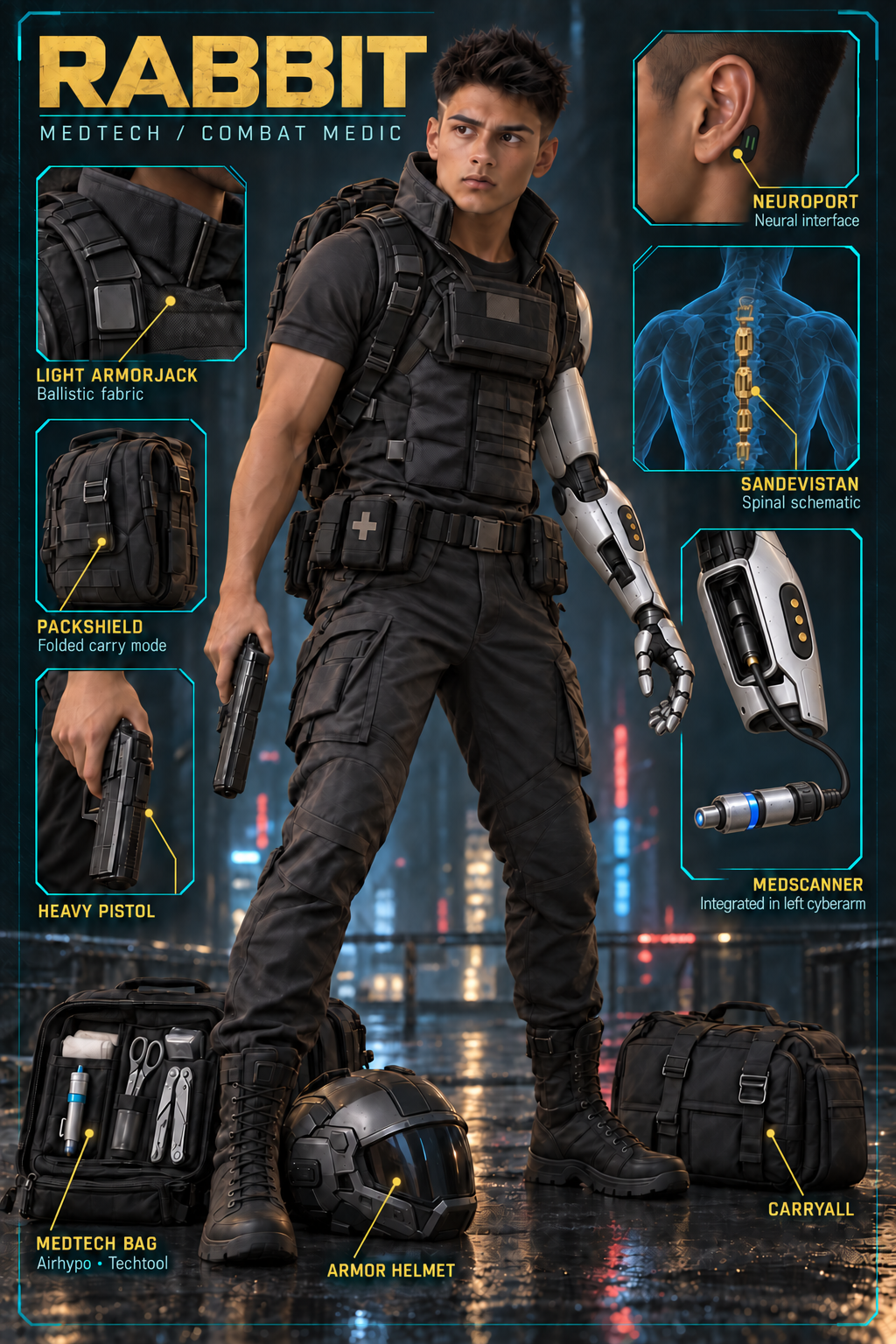 Rabbit standing in tactical Light Armorjack with his heavy pistol and medical kit; baked-in labels show the Neuroport, spinal Sandevistan schematic, left-arm Medscanner and carried equipment