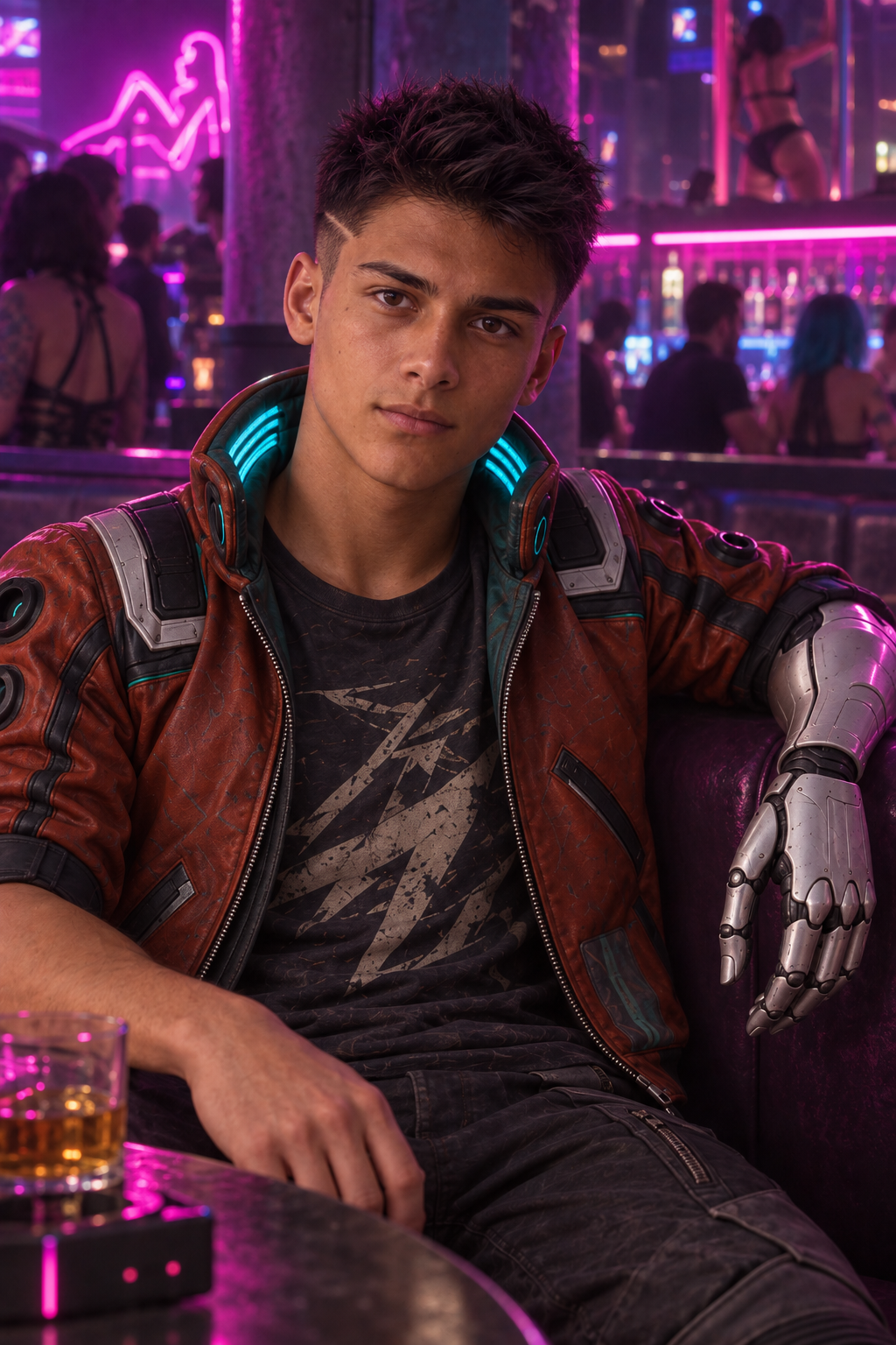 A seat at Lizzie’s, with his jacket open and a drink on the table.