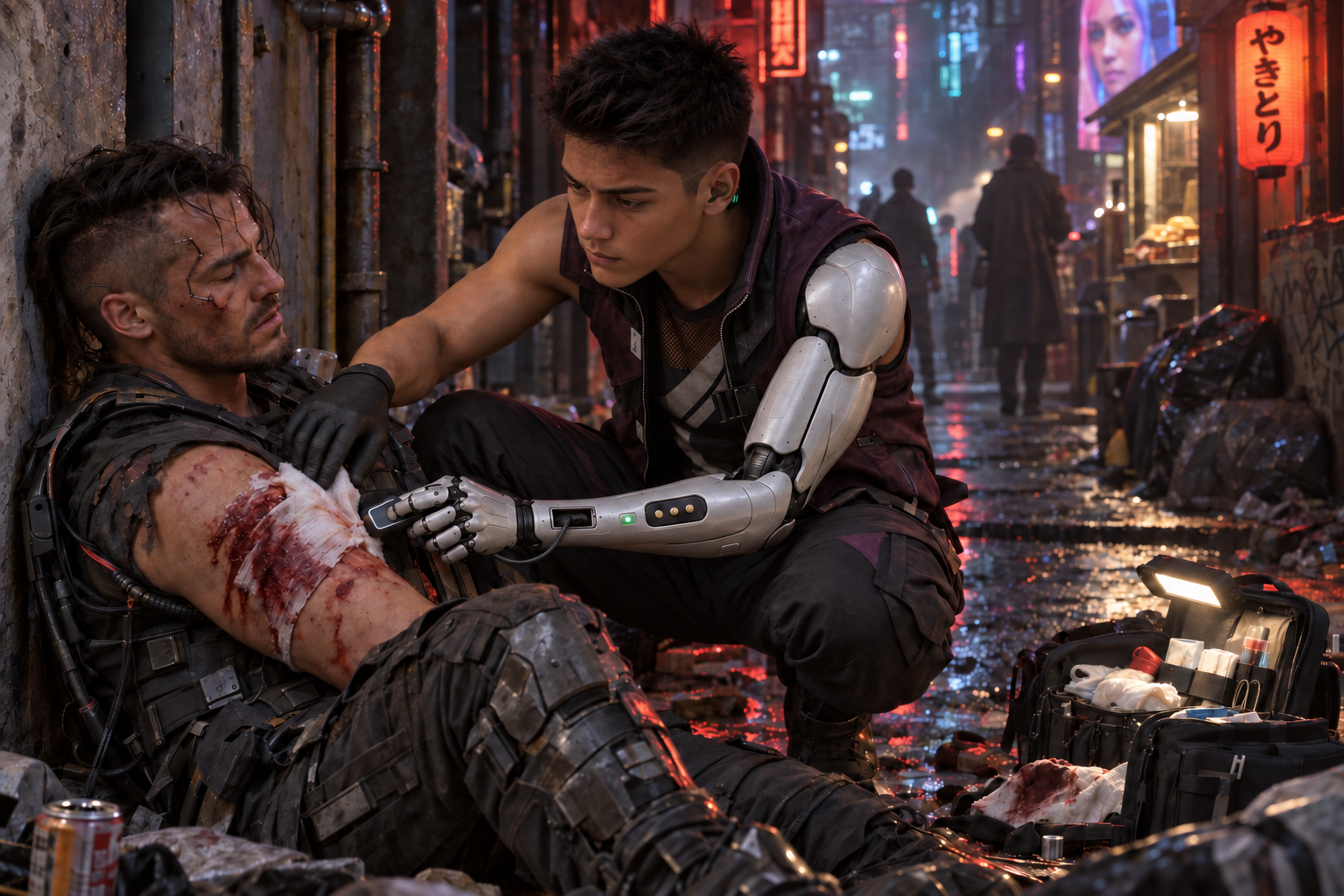 Rabbit examines a wounded arm with his Medscanner, medical bag open beside him.