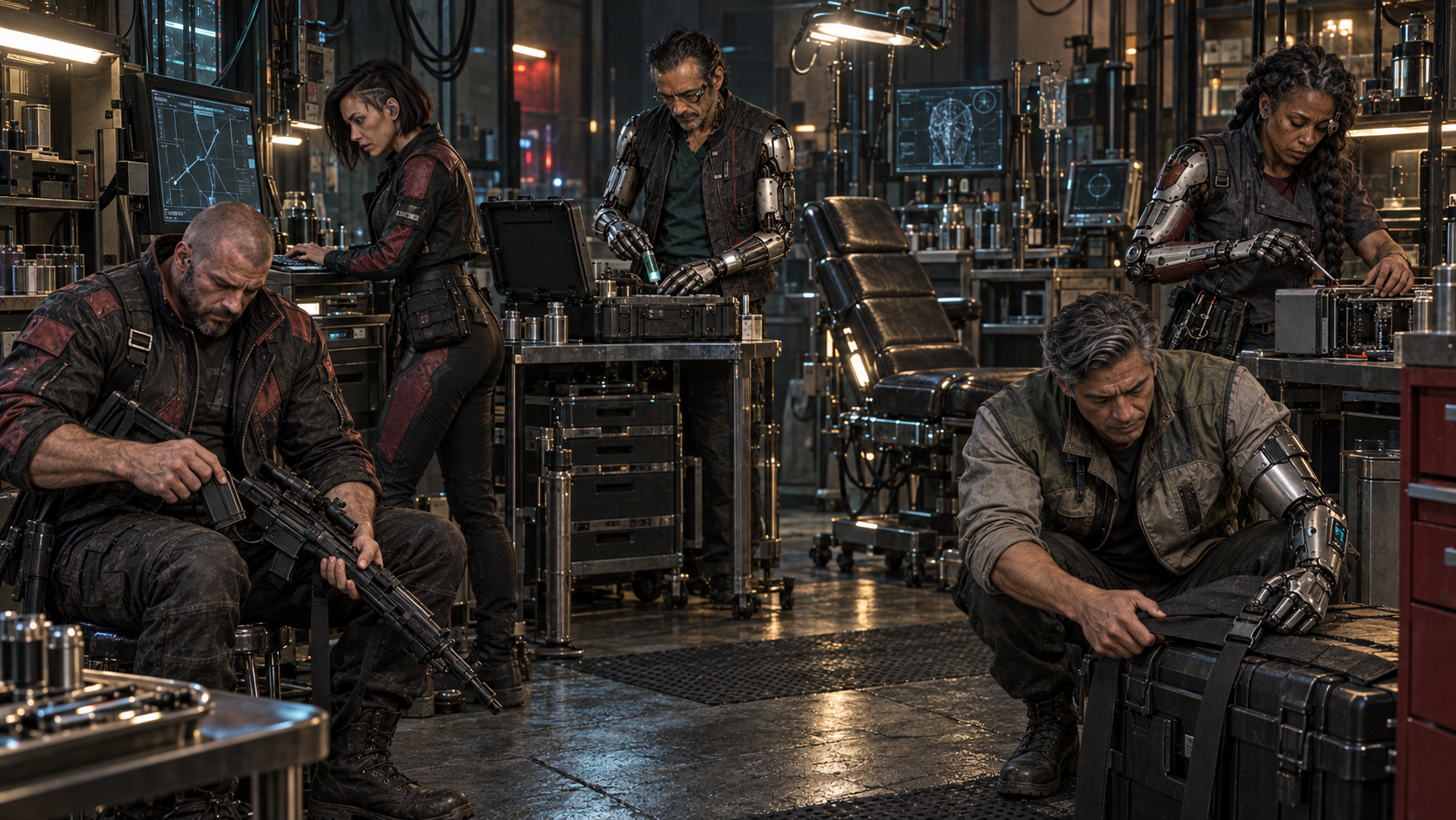 Second Shift prepares equipment in Vulture’s clinic: Latch checks a rifle at front left, Splice works at a terminal behind him, Vulture packs medical supplies in the center, Haul secures a case at front right, and Graft repairs equipment behind him.