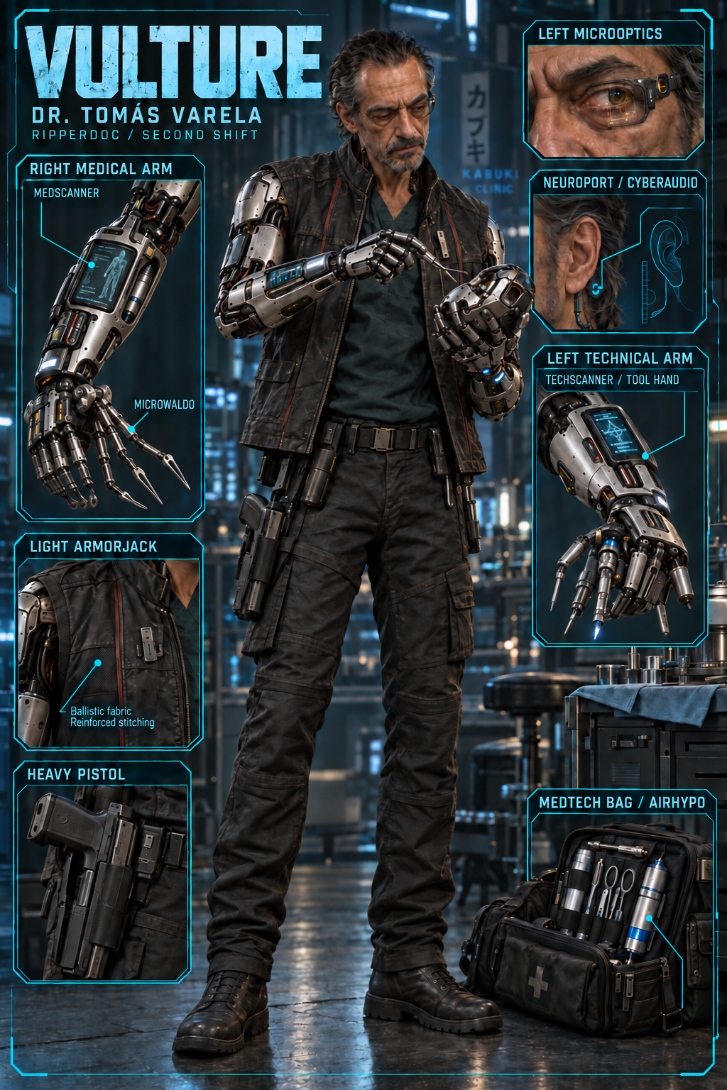 Vulture in a new standing clinic pose, with diagrams of his right medical cyberarm, left technical cyberarm, left MicroOptics, Neuroport, Cyberaudio and working equipment.